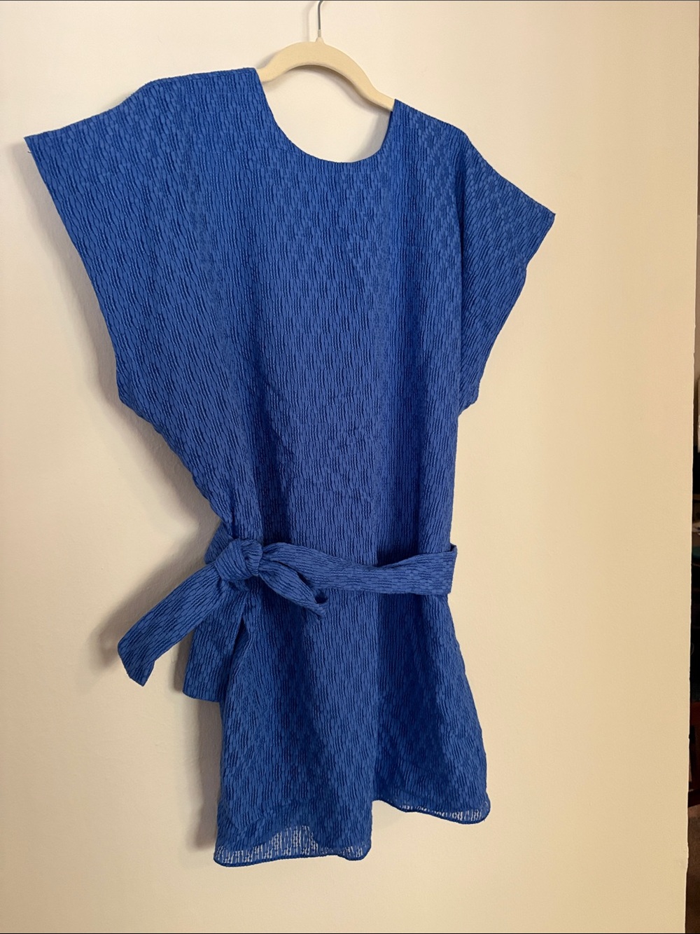 Amanda Uprichard Royal Blue Textured Short Sleeve Tunic Dress with Waist Tie